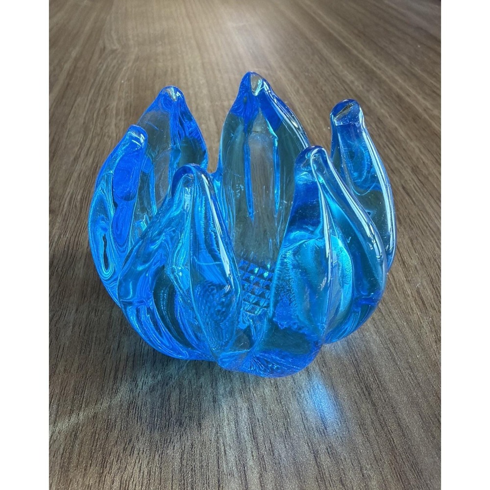 Vintage Blue Art Glass Lotus Flower Votive Candle Holder Petal Bowl 3 inch